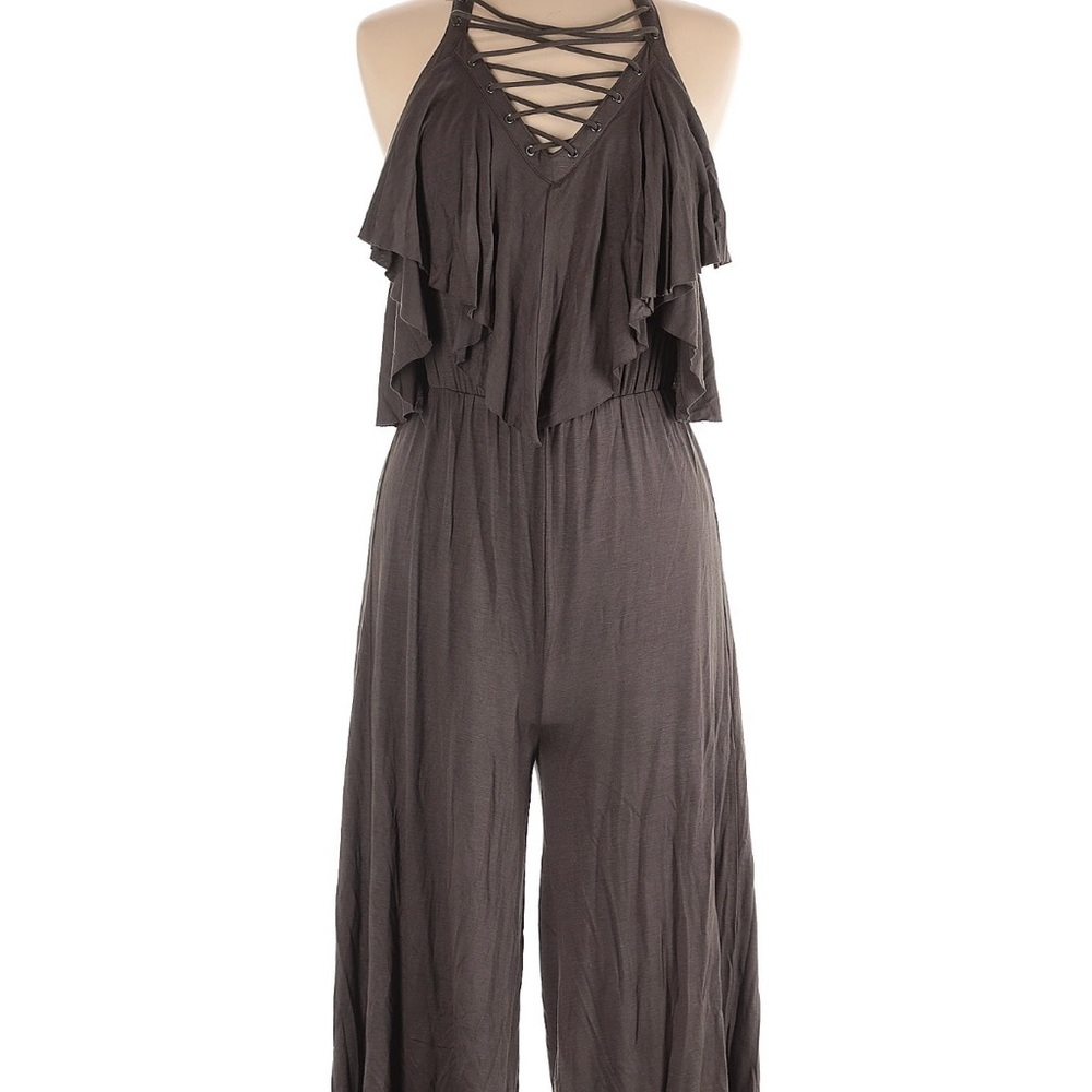 Elegant Brown Jumpsuit with Lace-Up Front and Tapered Legs
